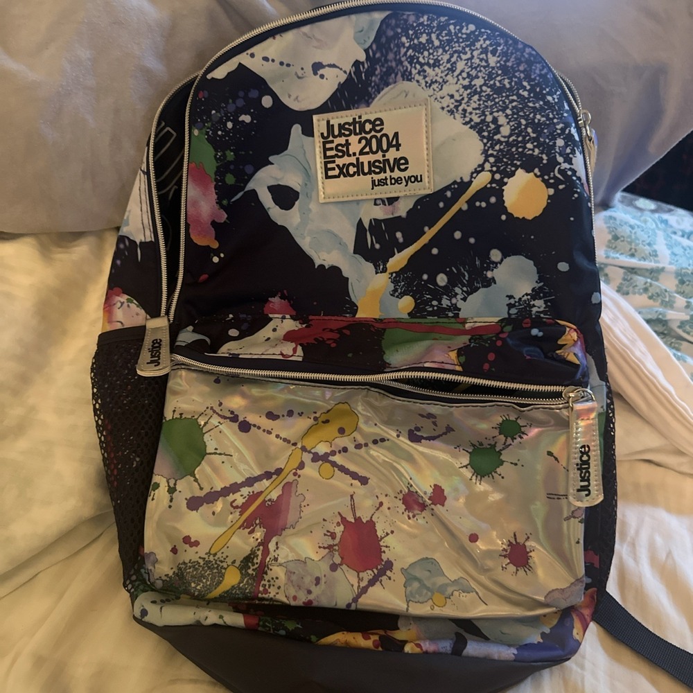 Justice 2004 Exclusive Backpack Paint‎ Splatter  Iridescent Front Pocket 17"
